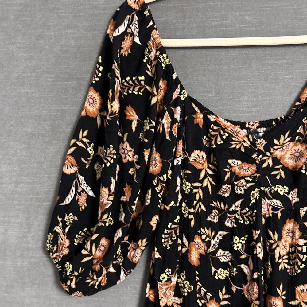 Billabong Dress M Black Floral‎ Smocked Puff Sleeve Midi Gauzy Boho Babydoll - Picture 4 of 10